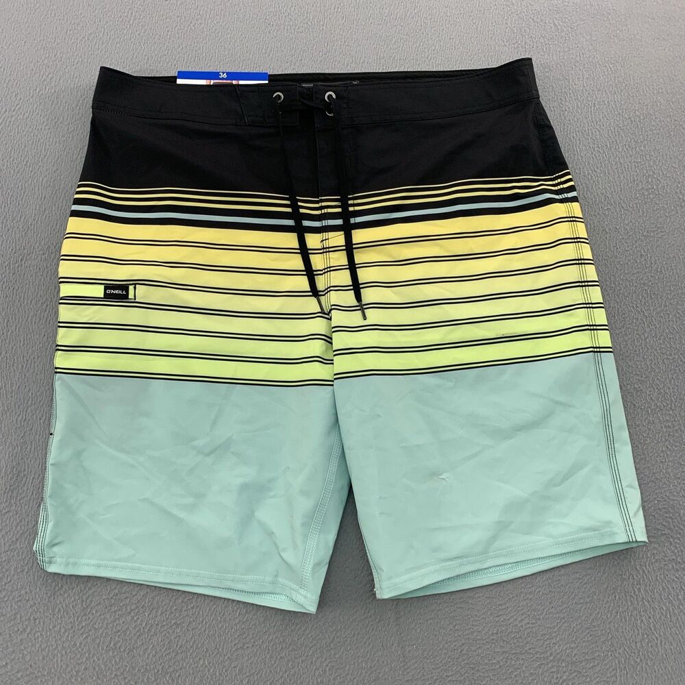 O'Neill Board Shorts Mens 36 Green Stripe Swim Trunks 20 Outseam Quick Dry